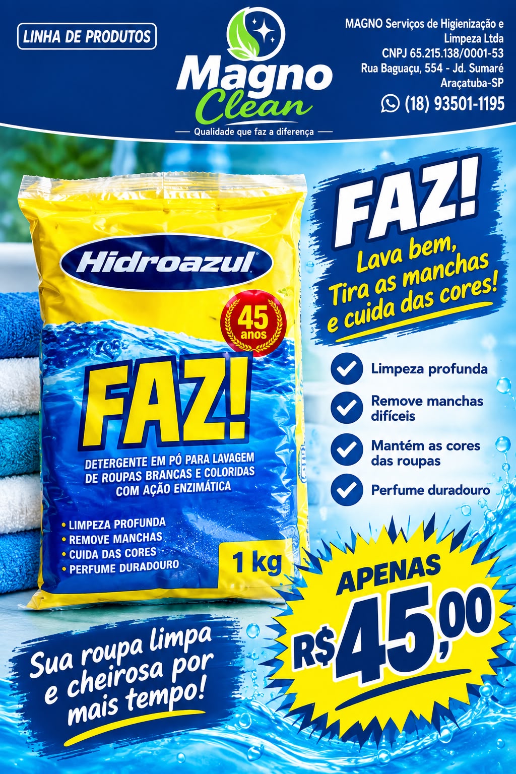 FAZ! Detergente em Pó Hidroazul 1 kg · ação enzimática